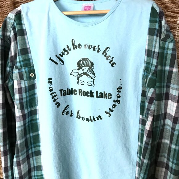 Table Rock Lake Oversized Graphic Tshirt, M-L: Boating Theme Flannel Tee Upcycle - Picture 6 of 9